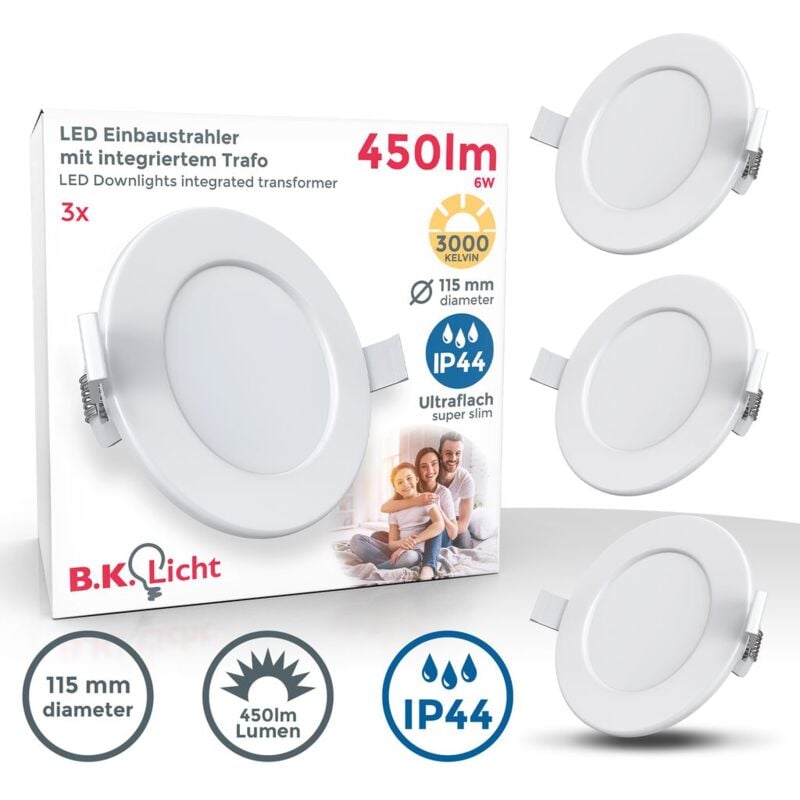 Juego de 3 luces LED empotradas en el baño Ultra plano 30mm Ø115mm blanco I 6 x 6W tablas LED 450lm 3.000K blanco cálido IP44 foco empotrado en el baño