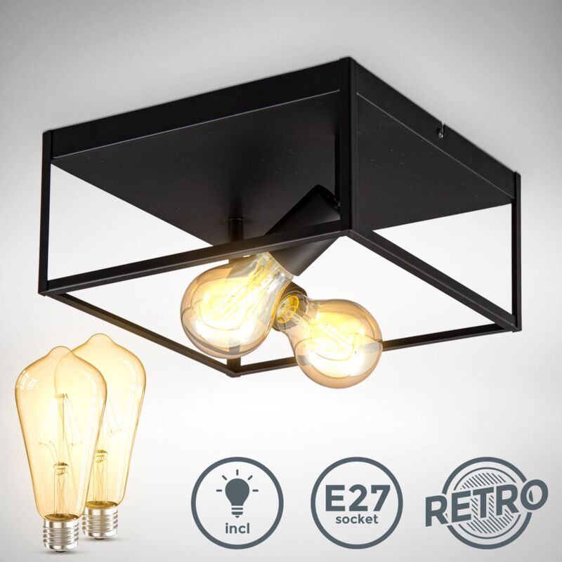 Plafones de focos Madera Industrial Vintage E27 Base 2 Luces Lámpara Techo  LED Para guardarropas, pasillos, restaurantes, bares, cafeterías Negro