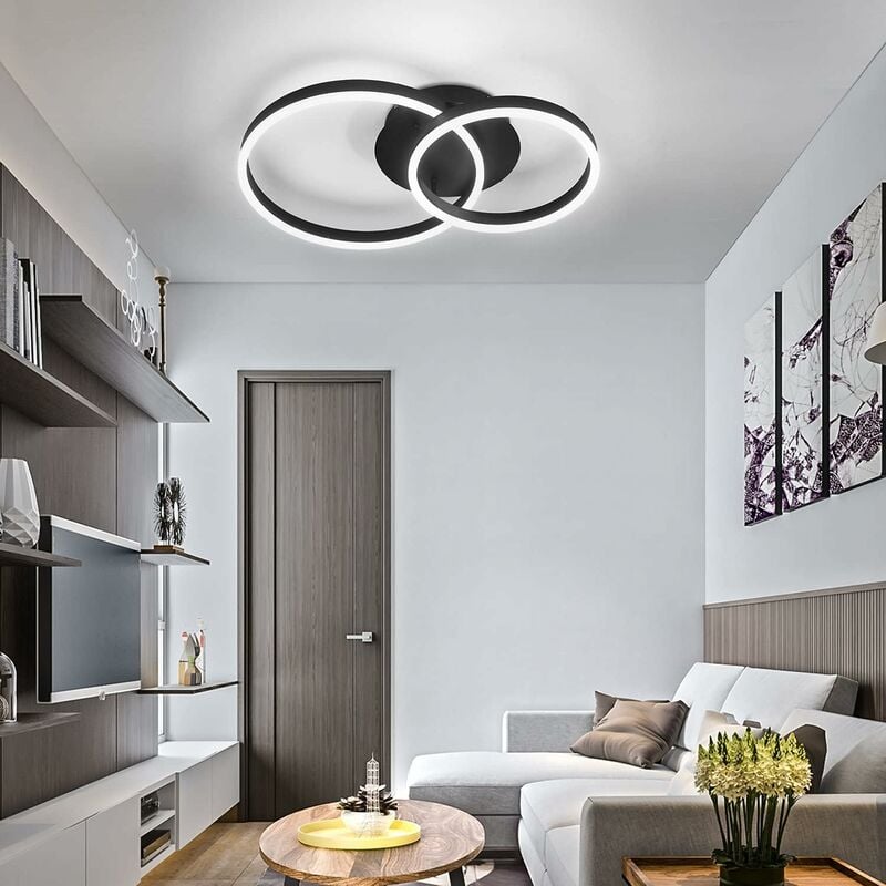ZMH LED Deckenleuchte Wohnzimmerlampe Dimmbar Deckenlampe Modern  Esszimmerlampe aus Acryl und Aluminium in Schwarz mit Fernbedienung für  Schlafzimmer Küchen Büro -2 Ringen - 59cm - 45W