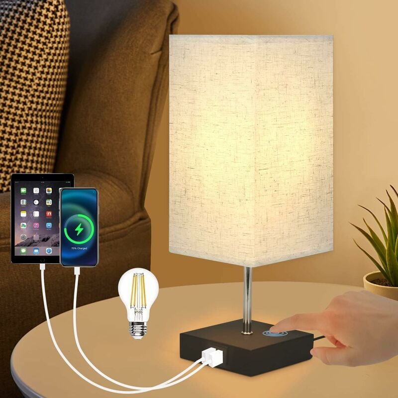 ZMH Nachttischlampe touch - E27 - Wohnzimmer - Ladefunktion 1er dimmbar mit Blub warmweiß USB Tischleuchte Stoffschirm Schwarz Tischlampe Licht - Platz inklusive Schreibtischlampe für mit Vintage