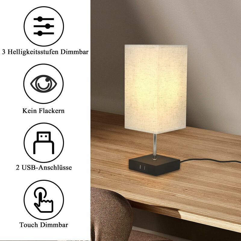 ZMH Nachttischlampe touch dimmbar Tischlampe USB - Vintage Tischleuchte mit  Ladefunktion Schreibtischlampe mit Stoffschirm E27 warmweiß Licht für  Wohnzimmer - Blub inklusive Schwarz - Platz - 1er | Tischlampen
