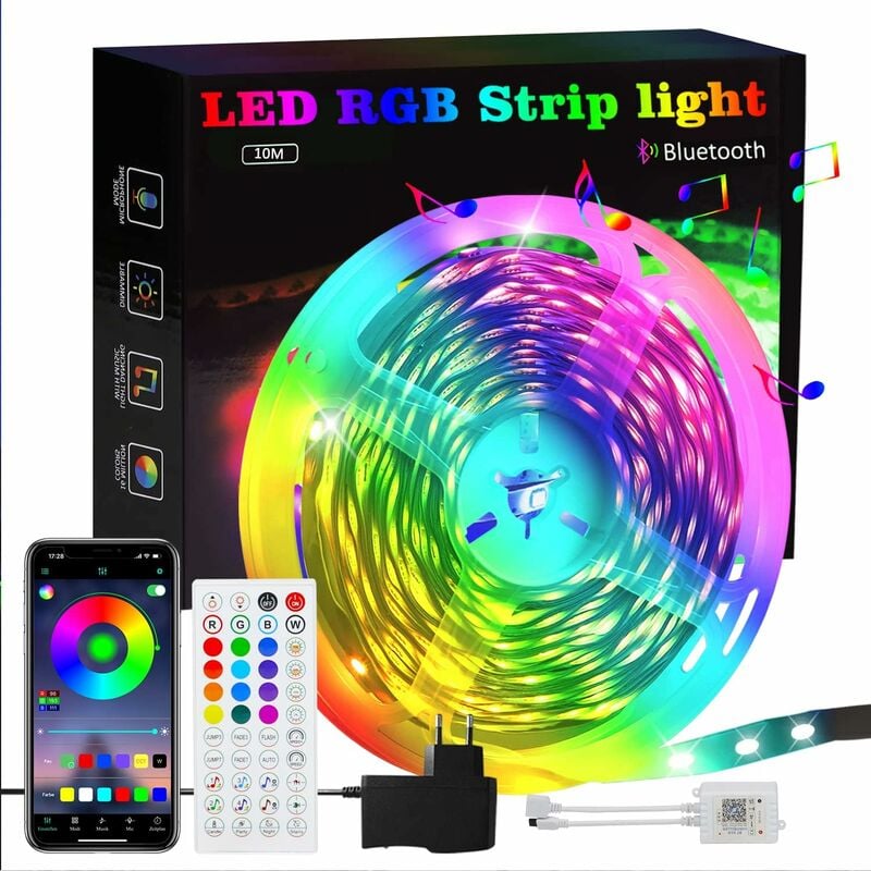ZMH LED Streifen Strip RGB - Smart LED Band Bluetooth Selbstklebend 16 Mio.  Farbwechsel Musiklichterkette mit Fernbedienung App Steuerbar LED Leiste  für Schlafzimmer Party Schrankdek TV Deko 10m