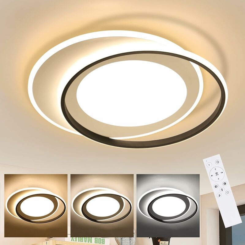 Bürolampe Modern Schlafzimmer Wohnzimmerlampe 66W Fernbedienung Büro LED Design Dimmbar Deckenlampe Schlafzimmerlampe für mit Acryl Ring ZMH Wohnzimmer schwarzweiß 48CM Deckenleuchte: