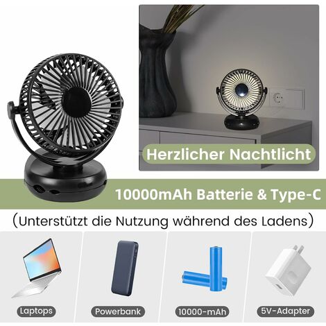 ZMH Ventilator USB Mini Tischventilator: 4 Geschwindigkeiten Akku Leise Clip  Fan 10000mAh & 3 In 1