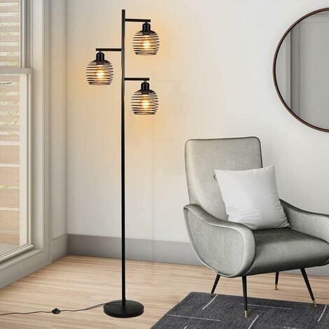 ZMH Stehlampe Wohnzimmer Stehleuchte Vintage Schwarz Standleuchte aus Metall  e27 Fassung 3 flammige je Max. 25W Retro Standlampe für Schlafzimmer Sessel  Bett Höhe: 152CM inkl. Fußschalter