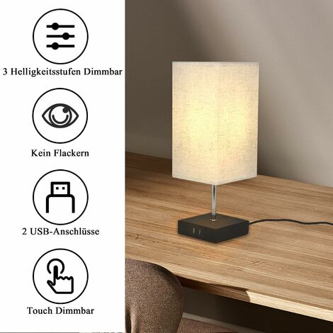 ZMH Nachttischlampe touch mit Stoffschirm USB warmweiß - Licht Ladefunktion Platz mit Wohnzimmer inklusive - Schreibtischlampe Schwarz Vintage - 1er Tischleuchte Tischlampe - E27 Blub für dimmbar