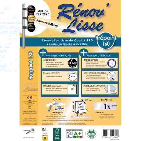Lot de 4 rouleaux - Toile de rénovation Rénov'Lisse PREPEINT  160g/m² à base de cellulose polyester - 60m²