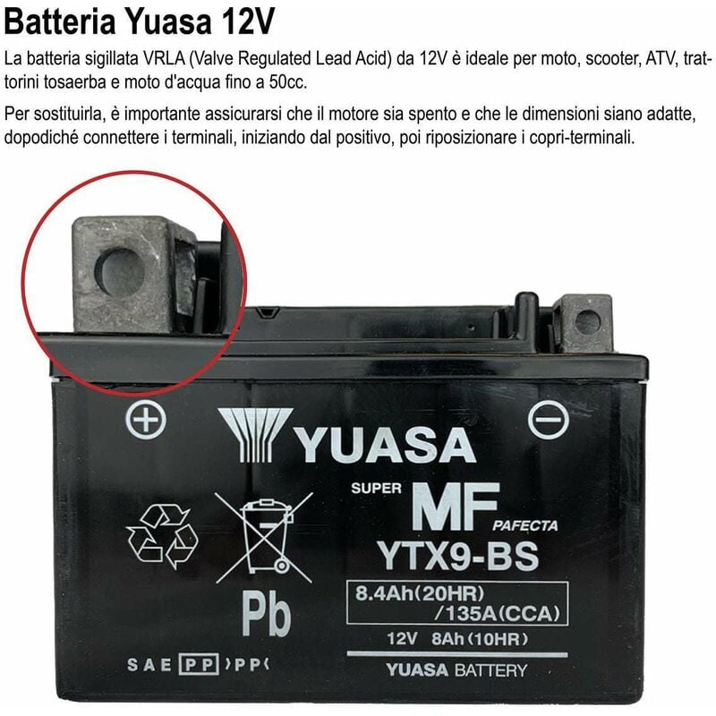 Batteria per moto e scooter sigillata con acido incluso 12V 8Ah - YUASA YTX9 -BS