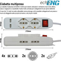 Multipresa ciabatta elettrica 6 prese universale 2 USB spina ITA UM 90 USB1 
