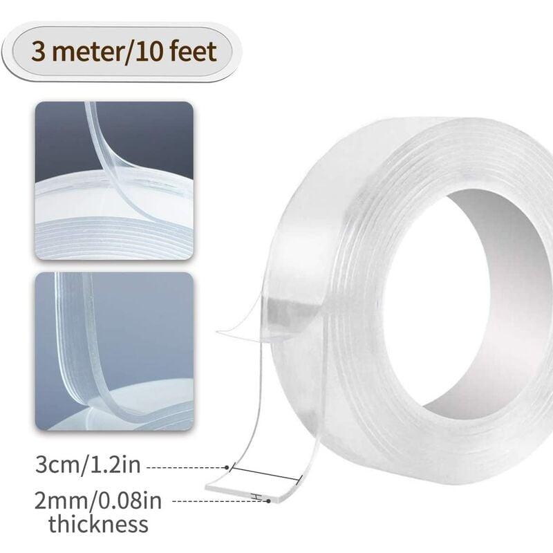 3Meter x 2cm x 2MM Ruban Adhésif Nano Réutilisable Antidérapant Transparent Traceless Tape Lavable Teegxddy Ruban Adhésif Double Face Extra Fort, 