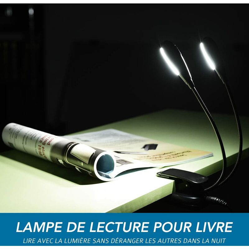 Modes de Luminosité Câble USB pour Charger eReaders,Nuit Lumière Clip Portable pour Kindle Portable LED Lampe de Lecture VJK 2 Têtes 4 Led Lampe Rechargeable et Flexible Lampe de Chevet 