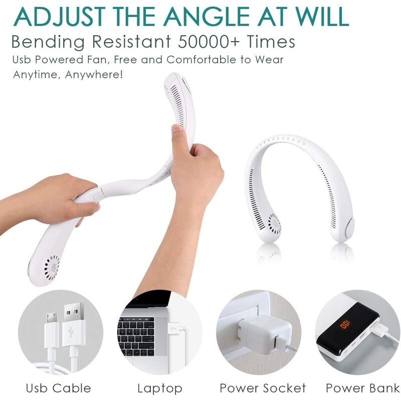 pour activités de plein air mains libres 3 vitesses rechargeable par USB rotation libre à 360 degrés ventilateur personnel à piles Ventilateur portatif sans pales 
