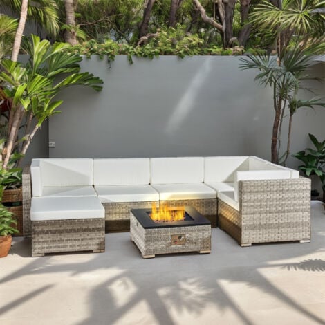 6 seats outdoor sofa rattan garden furniture set with fire pit- Grey - CANARY