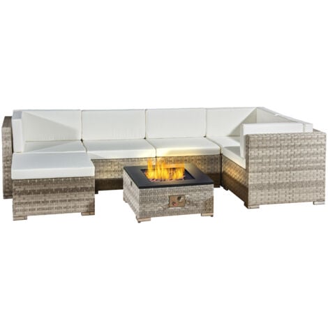 6 seats outdoor sofa rattan garden furniture set with fire pit- Grey - CANARY