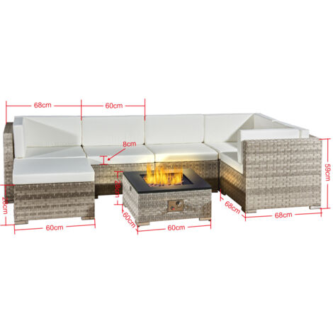 6 seats outdoor sofa rattan garden furniture set with fire pit- Grey - CANARY