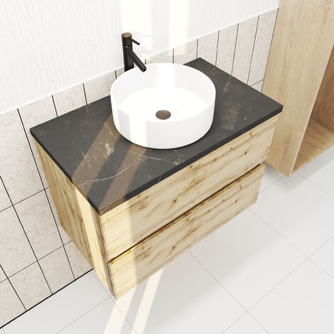 Mueble de baño 80cm Roble Natural 2 Cajones y Encimera Efecto Mármol Negro + Lavabo Redondo Blanco (1/5)