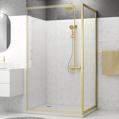 Mampara Lateral Fija 80x200cm Perfiles Oro Cepillado Cristal Templado 6mm