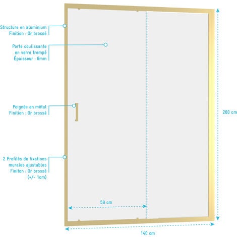 Puerta de ducha Corredera 140x200cm - Perfiles Oro Cepillado - Cristal Templado