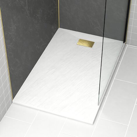 Plato Ducha Blanco Efecto Piedra 90x140cm y Rejilla patrón Perforado Oro (1/4)
