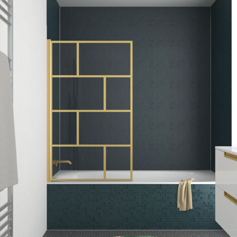 Mampara de bañera abatible 80x140cm Serigrafía tipo Ladrillo - Oro Dorado Cepillado - GOLDY BLOCKS