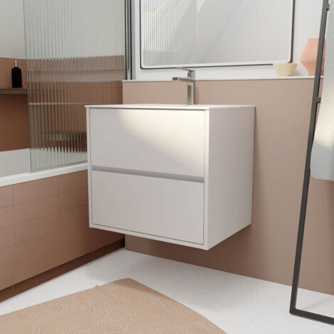 Pack Mueble de Baño 60 cm Blanco Lacado 2 Cajones con Lavabo de Cerámica (1/5)