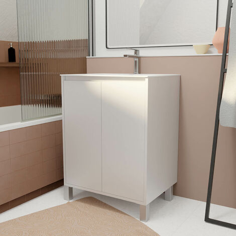Pack Mueble de Baño 60 cm Blanco Lacado 2 Puertas con Lavabo de Cerámica