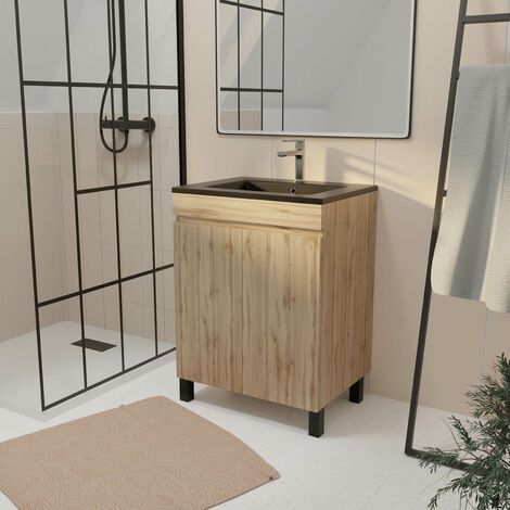 Mueble de baño 60 cm 2 Puertas Roble Natural + Lavabo de Cerámica Negra - TIMBER