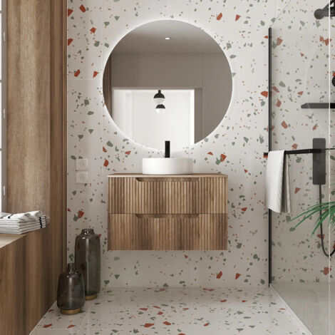 Mueble de Baño 80cm Madera - Cajones Ondulados - Lavabo Redondo Ø36cm