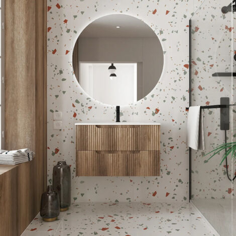 Mueble de Baño 80cm Madera - Cajones Ondulados - Lavabo Empotrable Blanco (1/5)