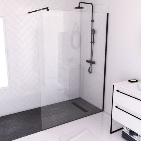 Aurlane – Mampara de ducha 140x200 cm cristal templado 8 mm – perfil negro ajustable – instalación reversible – para espacios húmedos (1/4)
