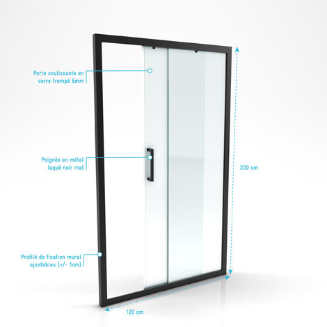 Mampara de ducha 1 puerta corredera 120x200 cm - Cristal transparente - Perfil negro - CRUSH