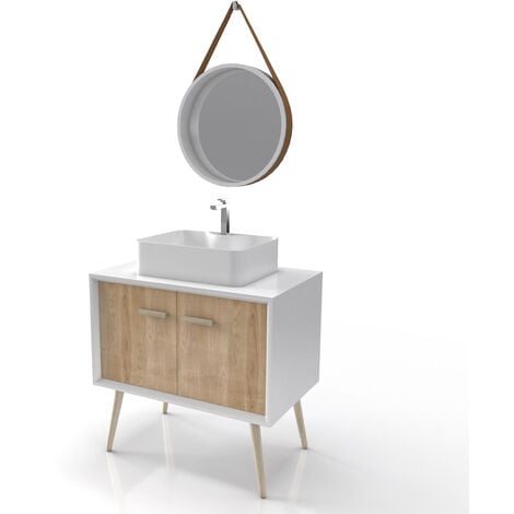 MUEBLE BAÑO BLANCO Y MADERA ESCANDINAVO 80CM C/PATAS Y PUERTAS , LAVABO  SOBREPONER Y ESPEJO REDONDO - NORDIK NATURLIG RUNT 80