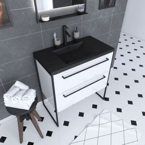 Muebles de baño blanco 80x50cm - 2 cajones blancos - Efecto de resina negra vasca Pierre