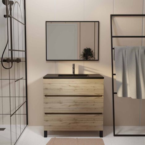 Mueble de baño 80 acabado roble 3 cajones - Lavabo negro y Espejo - TIMBER