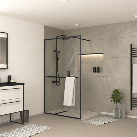 Aurlane – Mampara de ducha 120x200cm – negro mate – vidrio templado 6mm – estante y toallero de aluminio – instalación reversible (1/5)