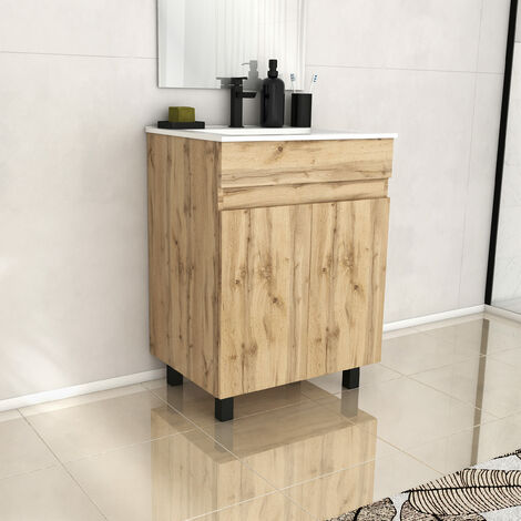 Mueble de Baño 60cm 2 Puertas Aspecto Roble Natural y Lavabo Blanco