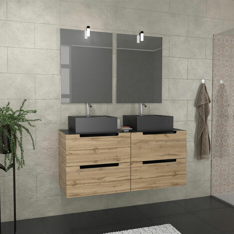 Mueble de baño 80 cm 2 cajones - Roble y negro - Lavabo redondo - Espejo  negro Led - OMEGA