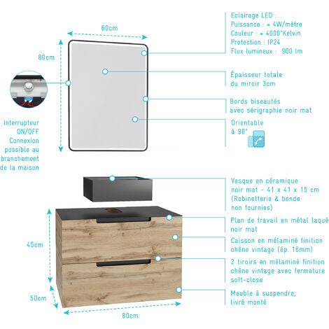 Mueble de baño 80 cm 2 cajones - Roble y negro - Lavabo redondo - Espejo  negro Led - OMEGA