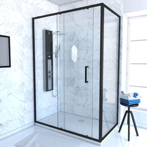Mampara de ducha 1 puerta corredera y laterale 140x90x200 cm - Cristal 6 mm - Perfil negro - CRUSH (1/4)