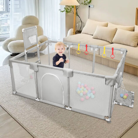 Parques para bebé 126x126cm Parque infantil para bebé centro de actividades para niños con 50 bolitas y 4 asas y Aro de baloncesto y Portería,gris claro