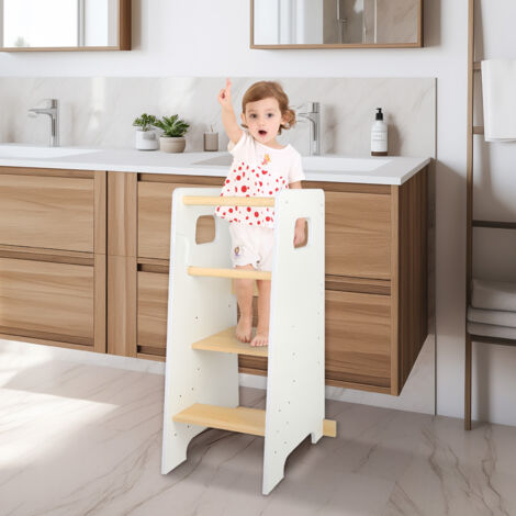 Torre de Aprendizaje de Madera para Bebés Antivuelco Montessori Altura Regulable con Barra de Seguridad 40x42x90cm