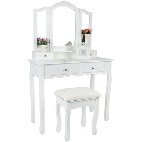 Mesa tocador madera y espejo y taburete blanco