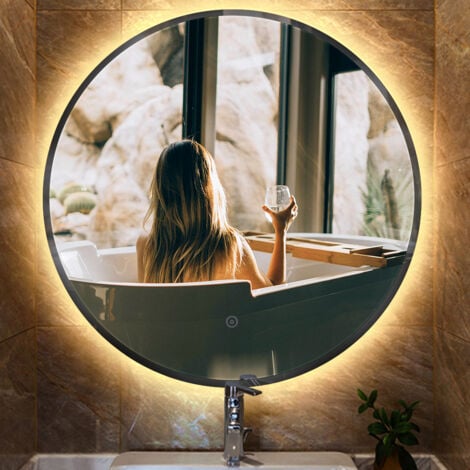 WYCTIN®Espejo de baño,Espejo de baño redondo antivaho,espejo de baño LED  Touch-Blanco cálido,Bisel,60 x 60 x 4.5cm