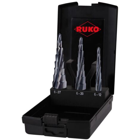 Juego de brocas escalonadas ULTIMATECUT D.6-12 / 6-20 / 6-27mm HSS flauta espiral 3 piezas Ku.-Kass.RUKO (1/3)