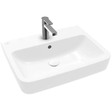 Lavabos de pared, 600 x 460 mm, Ovalado, Para grifería de 3 orificios, orificio central perforado, Con rebosadero, Cerámica sanitaria, lavabo en el centro (1/2)