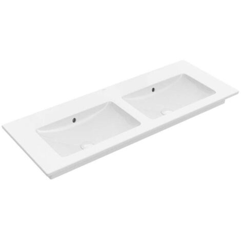 Encimeras de lavabo dobles, 1300 x 500 mm, Angulares, para grifería de pared, sin orificio para grifería, con rebosadero, Porcelánico sanitario Blanco (1/3)