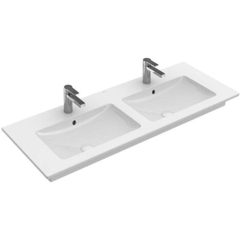 Encimeras de lavabo dobles, 1300 x 500 mm, Angular, para dos grifos de 3 orificios, orificios centrales perforados, con rebosadero, Porcelánico sanitario White CeramicPlus (1/4)