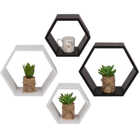 4er Set Holz Wandregal 6-eckig Deko Wandregale schwarz weiß
