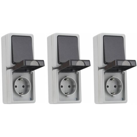 3er Set Feuchtraum Kombination vertikal Steckdose Schalter Serie TAFF Aufputz IP44