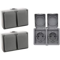 3er Set Feuchtraum Doppelsteckdose Serie Secure Aufputz IP44 250V grau 2-fach Steckdose